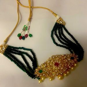 Green onyx choker with gold plated alloy pendant with cz and pearls